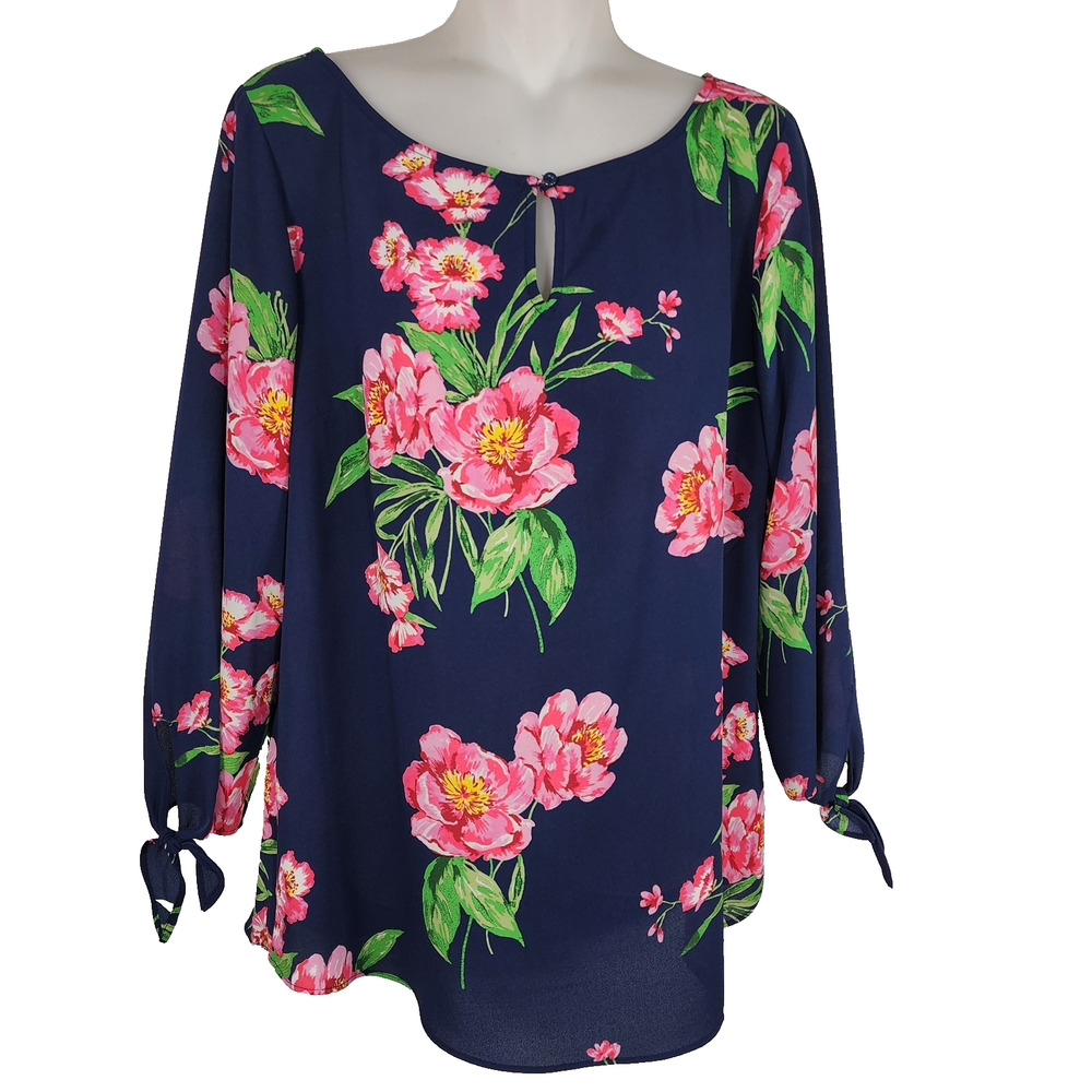 Talbots Women Floral Tie Sleeve Blouse Medium Navy Blue 3/4 Sleeves Keyhole Neck